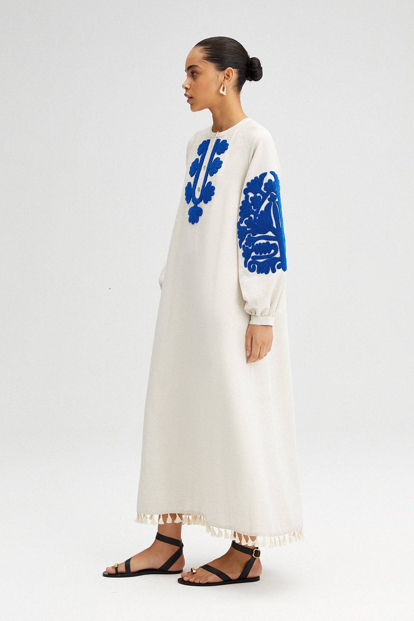 Blue Embroidered White Linen Maxi Dress with Tasselled Hem
