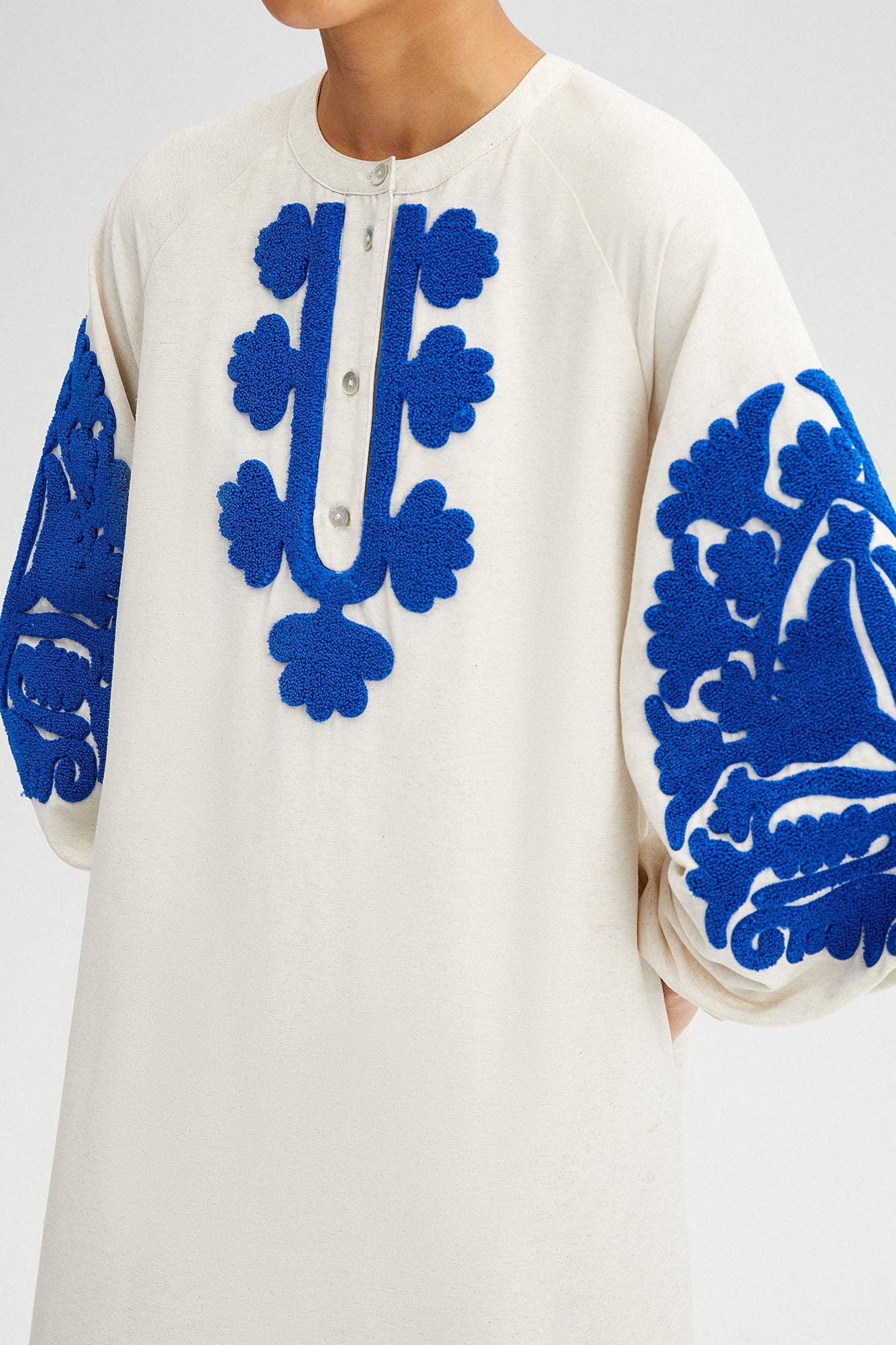 Blue Embroidered White Linen Maxi Dress with Tasselled Hem