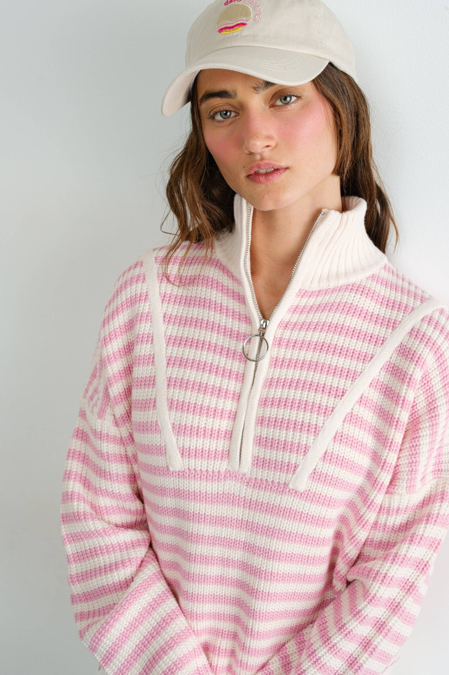 Preppy Californian Half-zip Striped Sweater-PINK