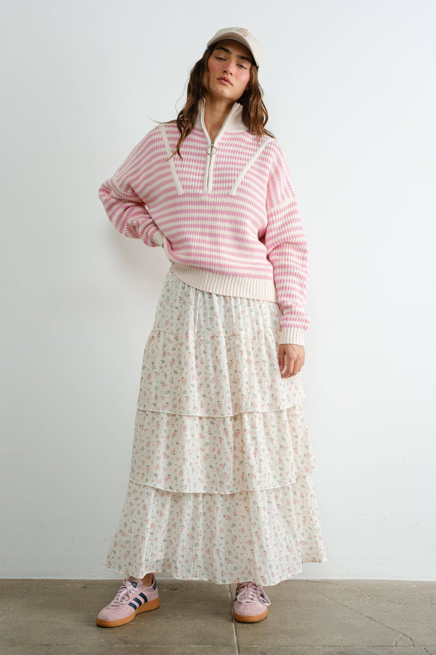 Preppy Californian Half-zip Striped Sweater-PINK