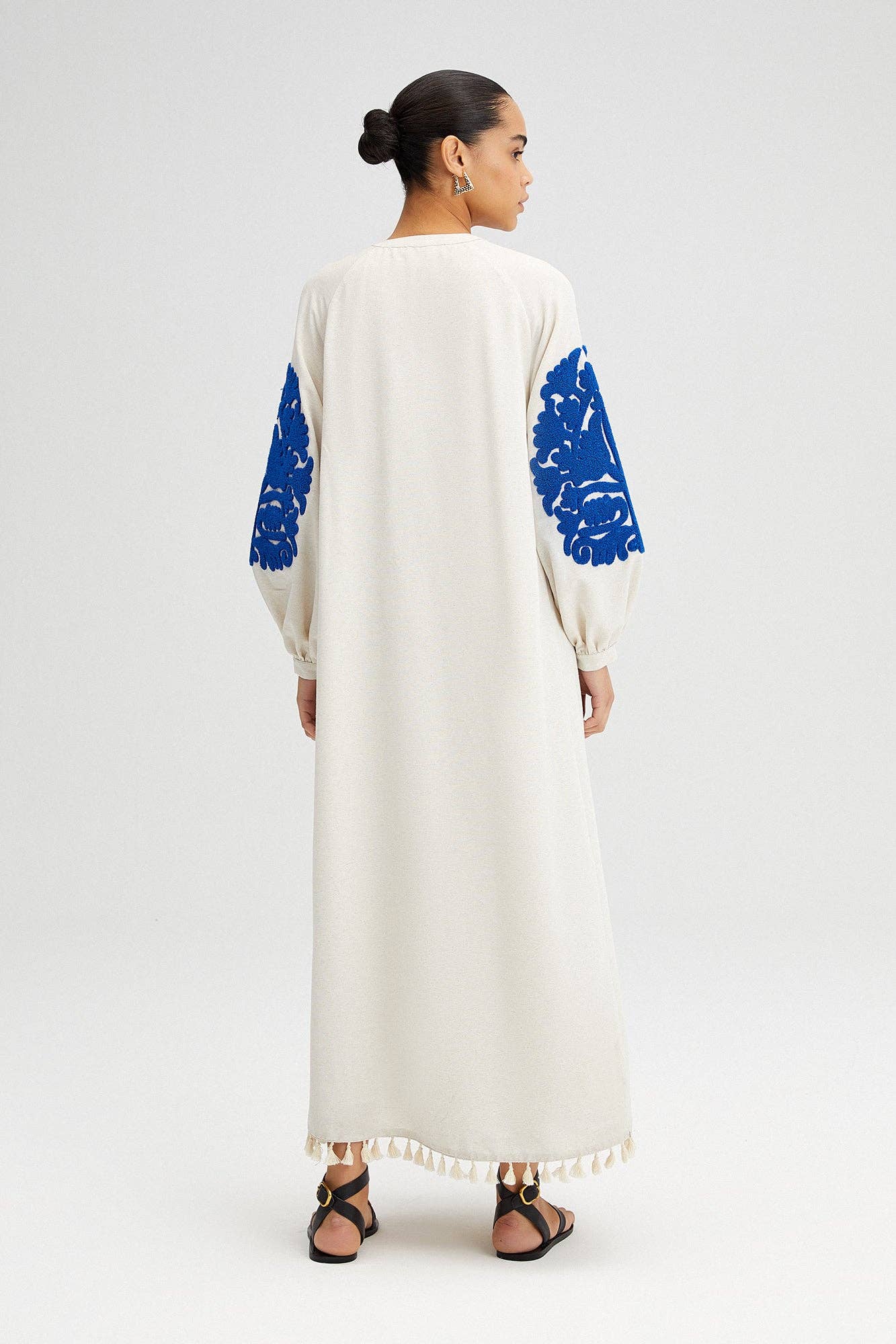 Blue Embroidered White Linen Maxi Dress with Tasselled Hem