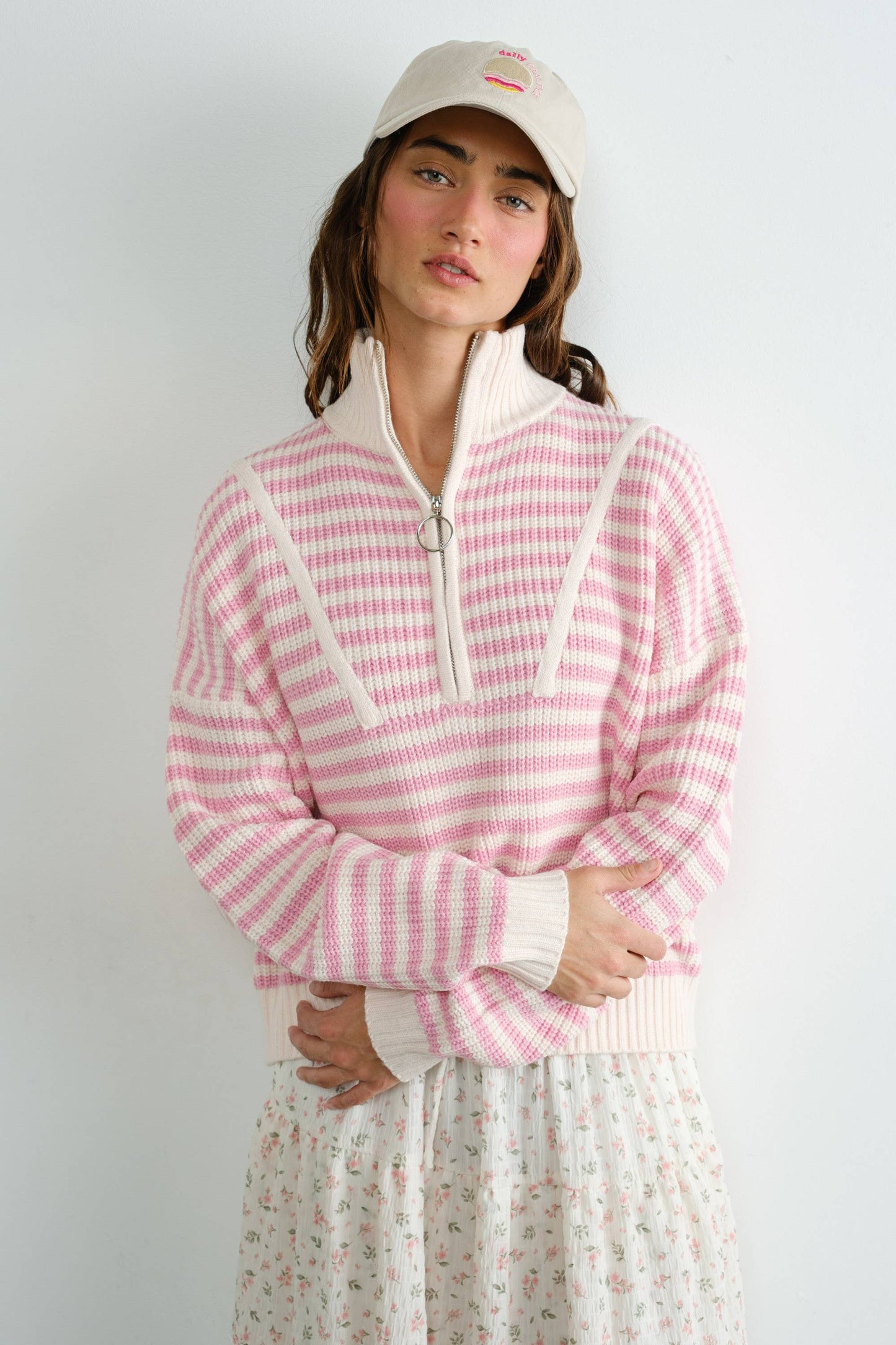 Preppy Californian Half-zip Striped Sweater-PINK