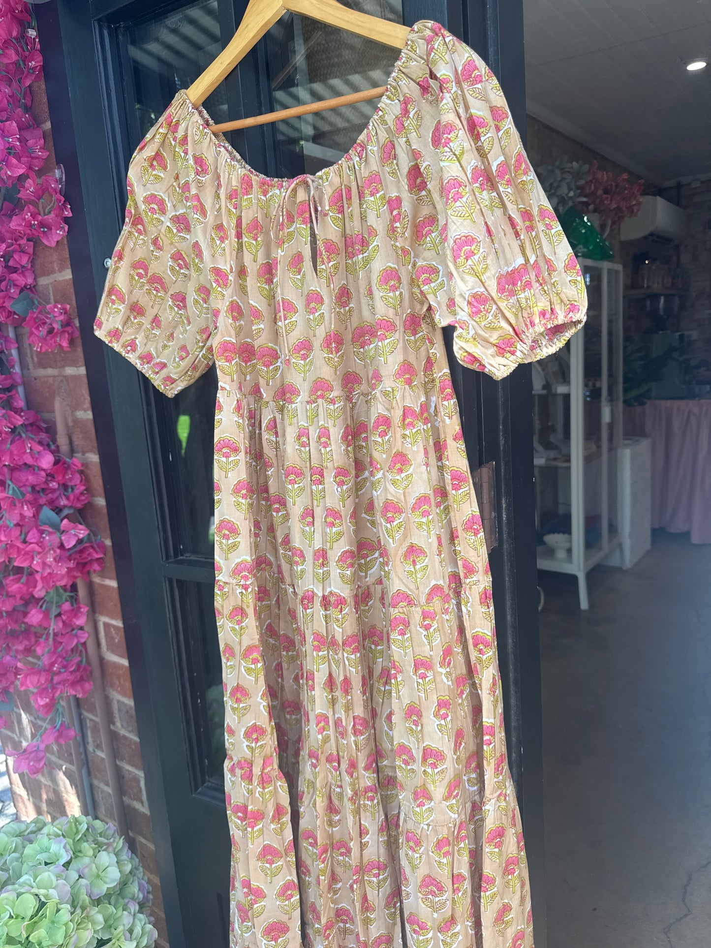 Posies block print dress - peach