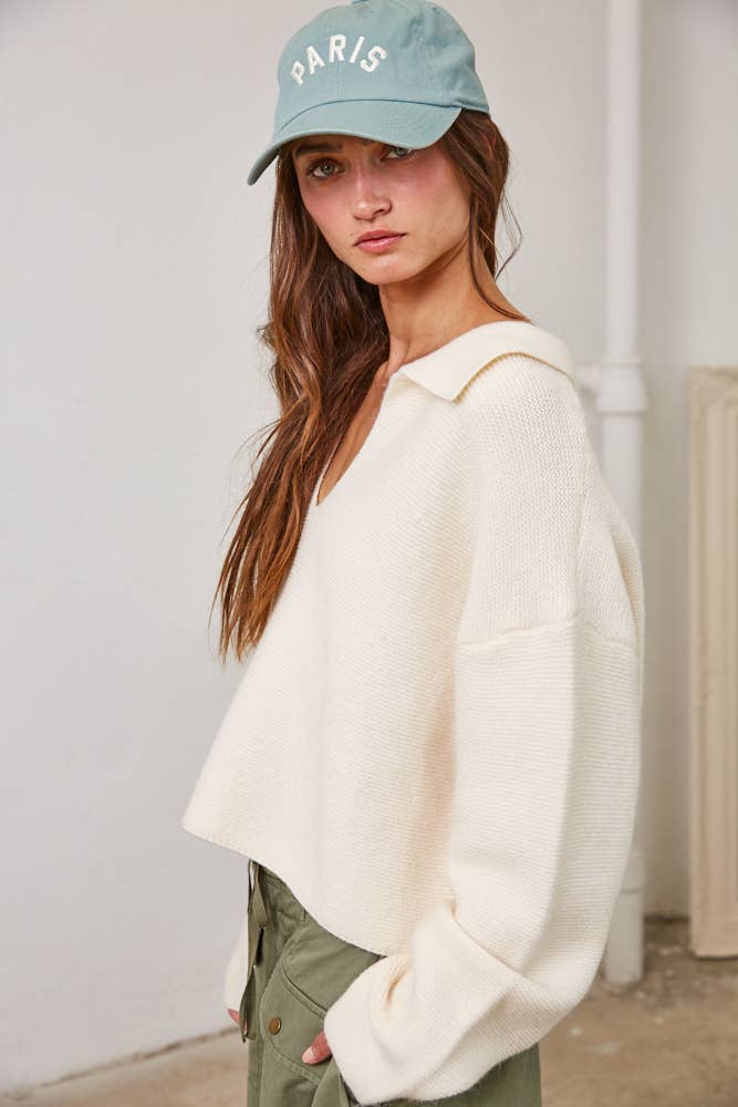 V Neck Polo Collared Pullover Sweater