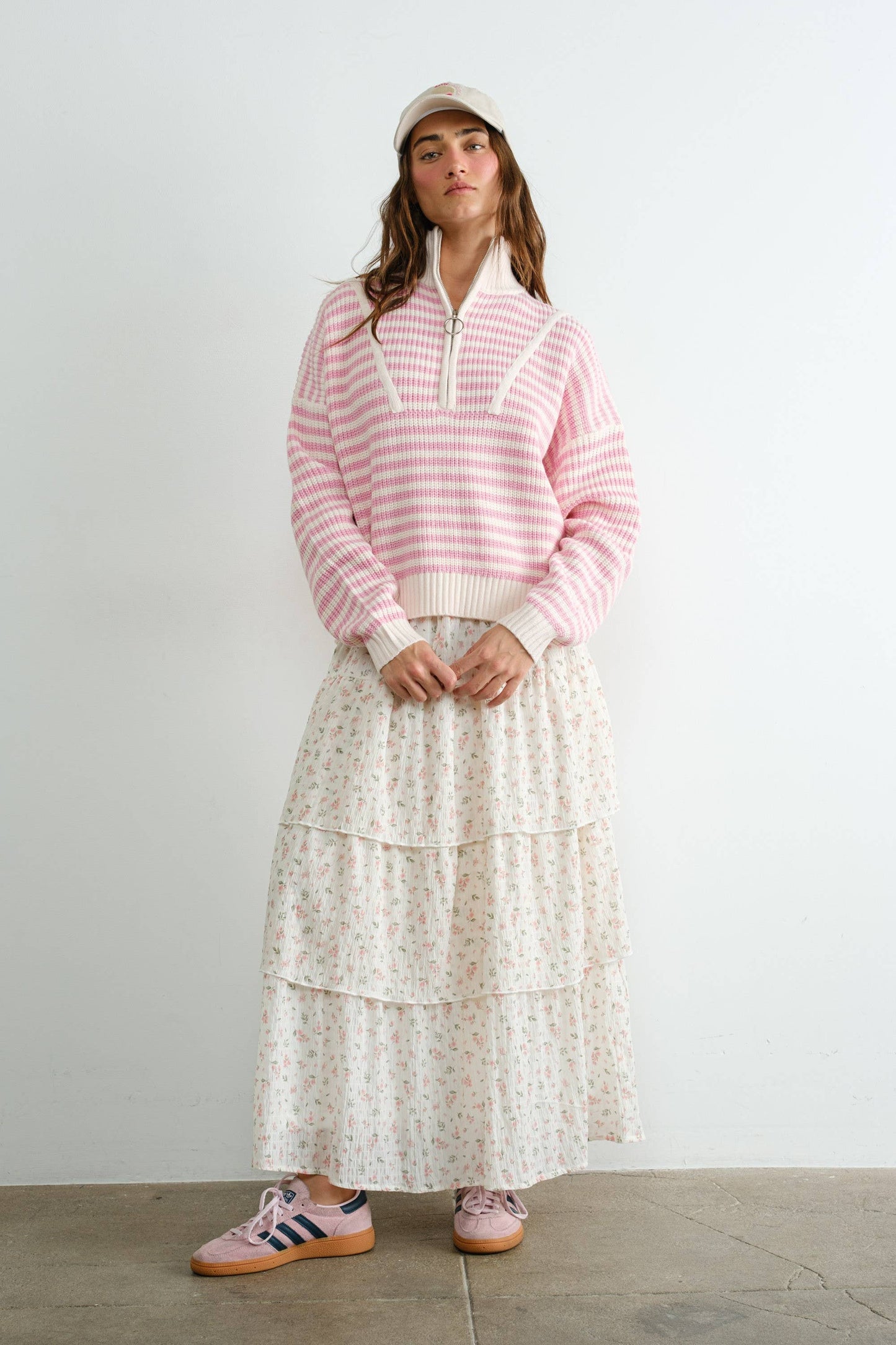 Preppy Californian Half-zip Striped Sweater-PINK
