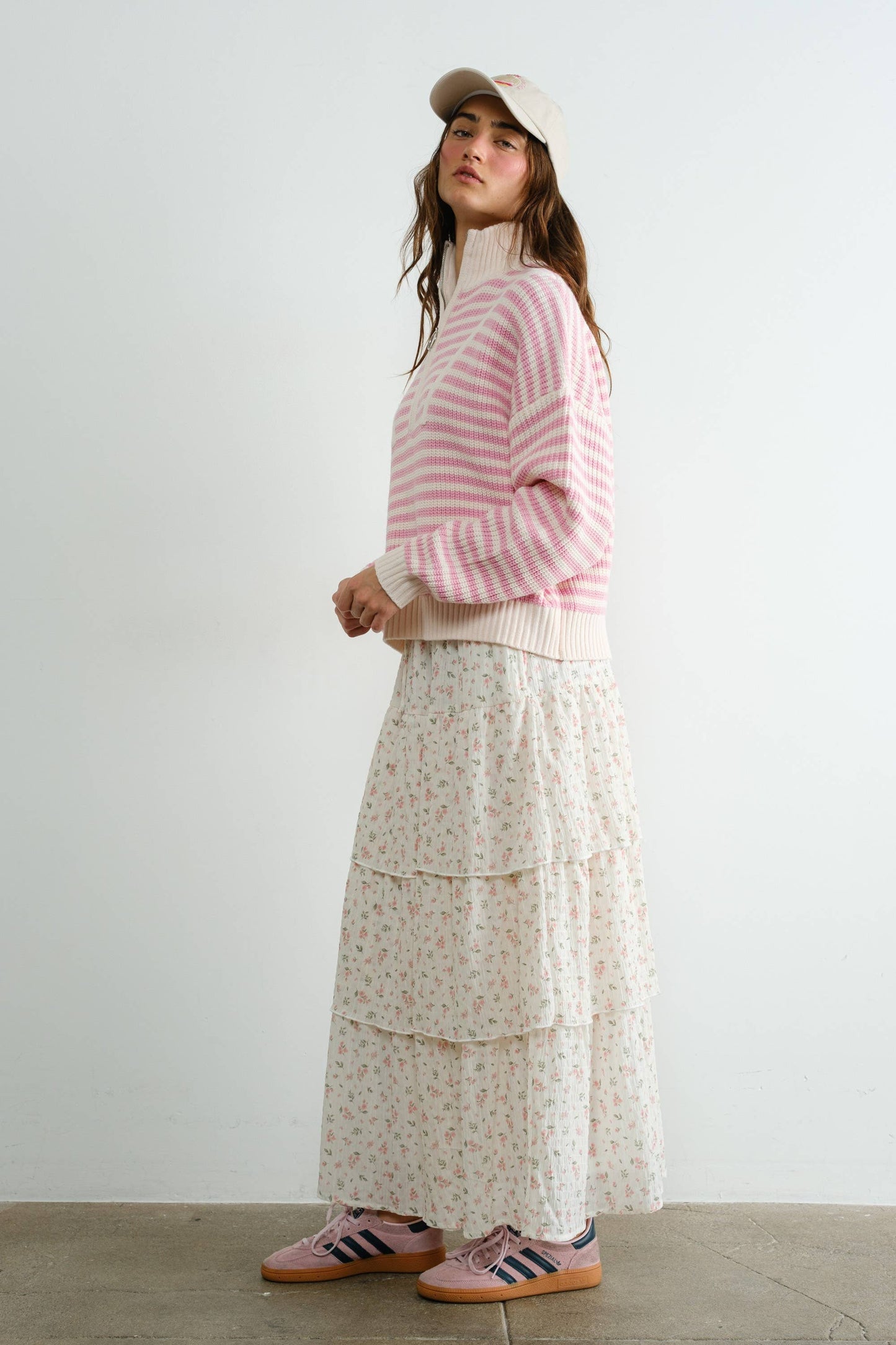 Preppy Californian Half-zip Striped Sweater-PINK