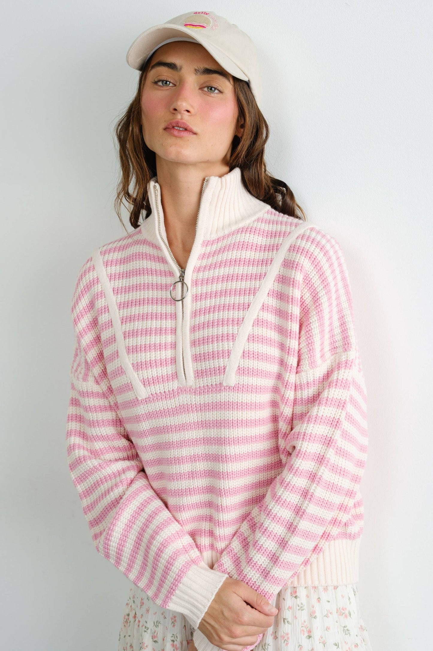 Preppy Californian Half-zip Striped Sweater-PINK