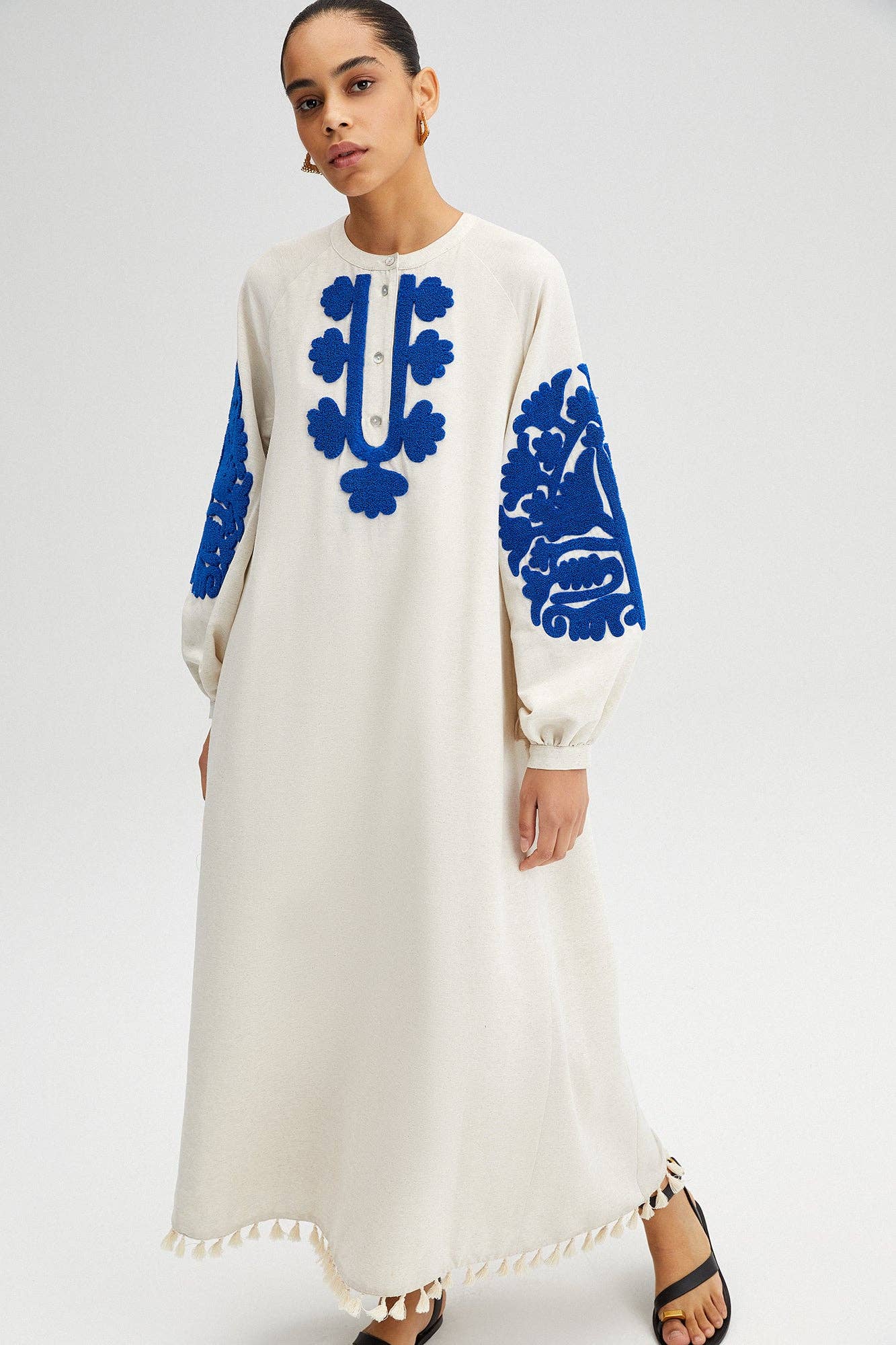 Blue Embroidered White Linen Maxi Dress with Tasselled Hem