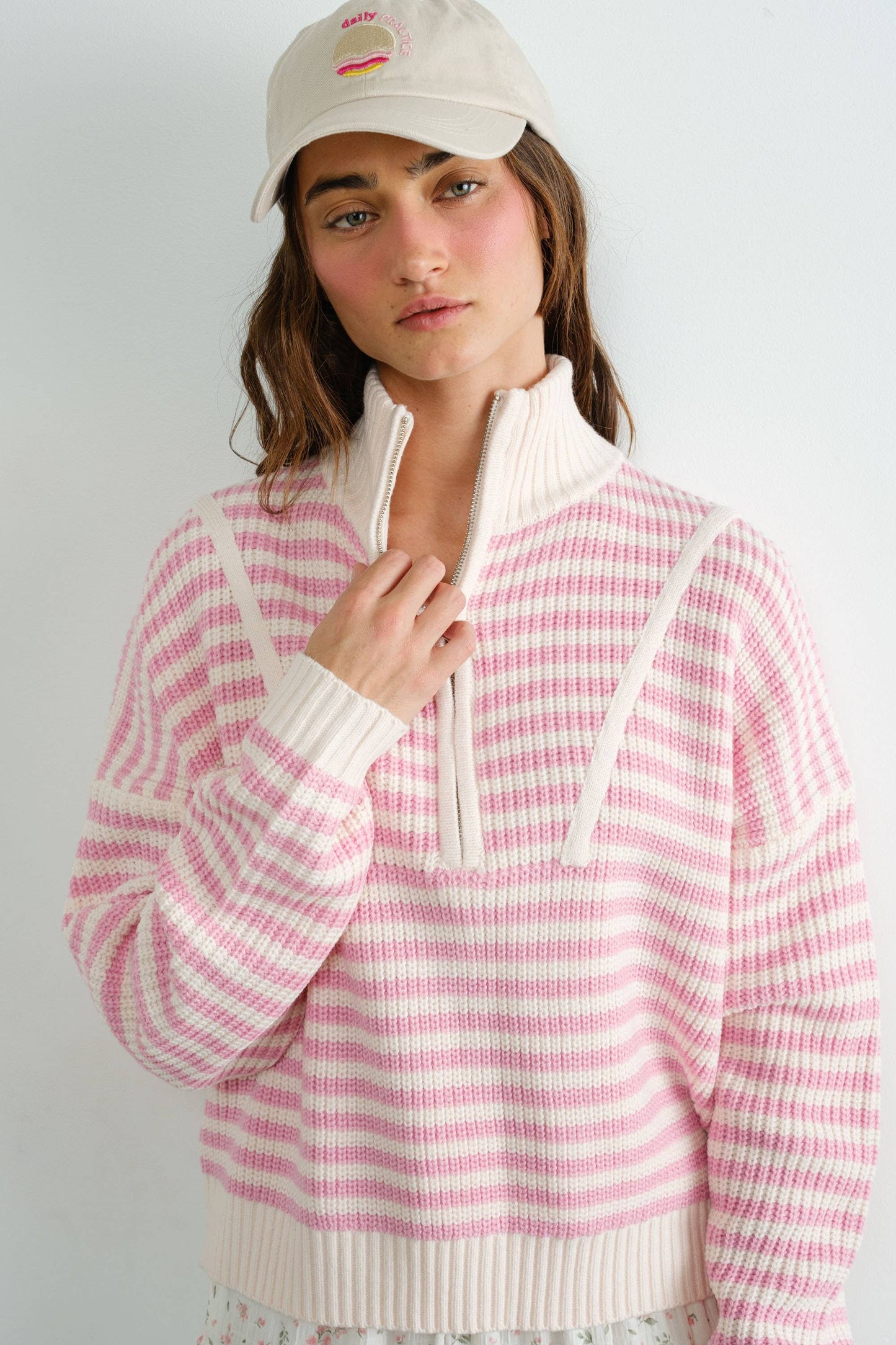 Preppy Californian Half-zip Striped Sweater-PINK