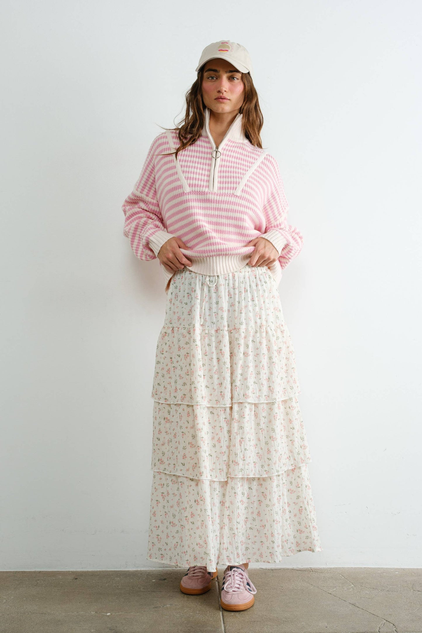 Preppy Californian Half-zip Striped Sweater-PINK