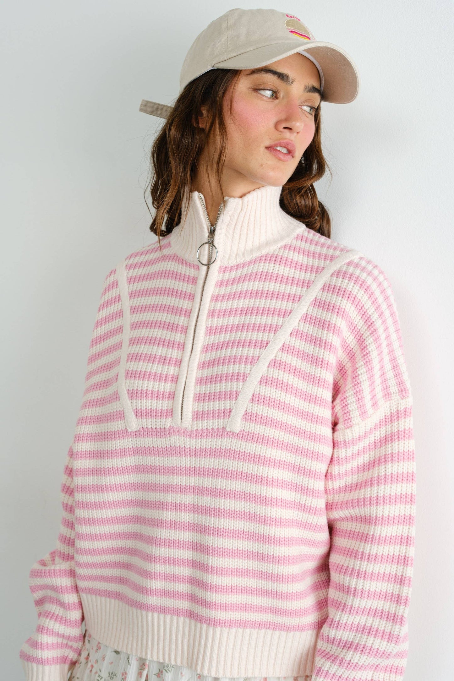 Preppy Californian Half-zip Striped Sweater-PINK