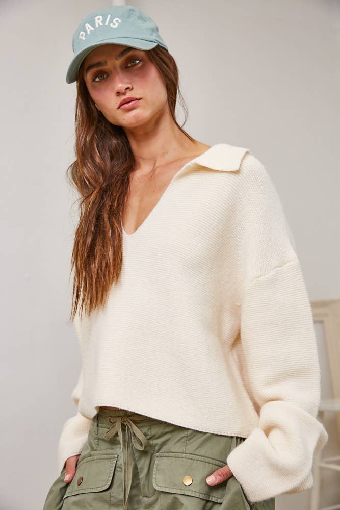 V Neck Polo Collared Pullover Sweater