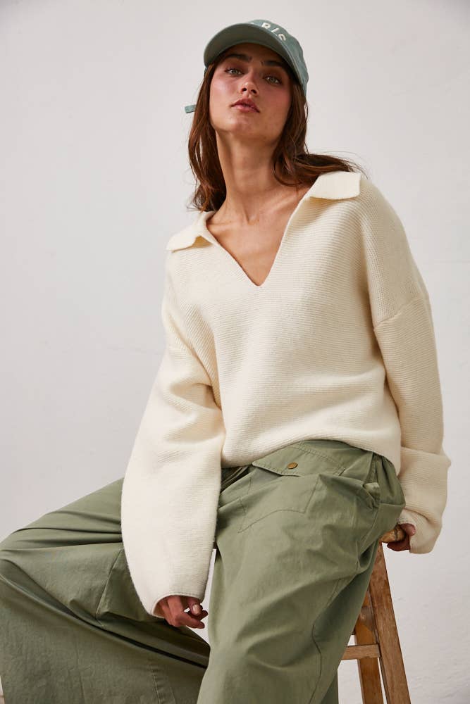 V Neck Polo Collared Pullover Sweater