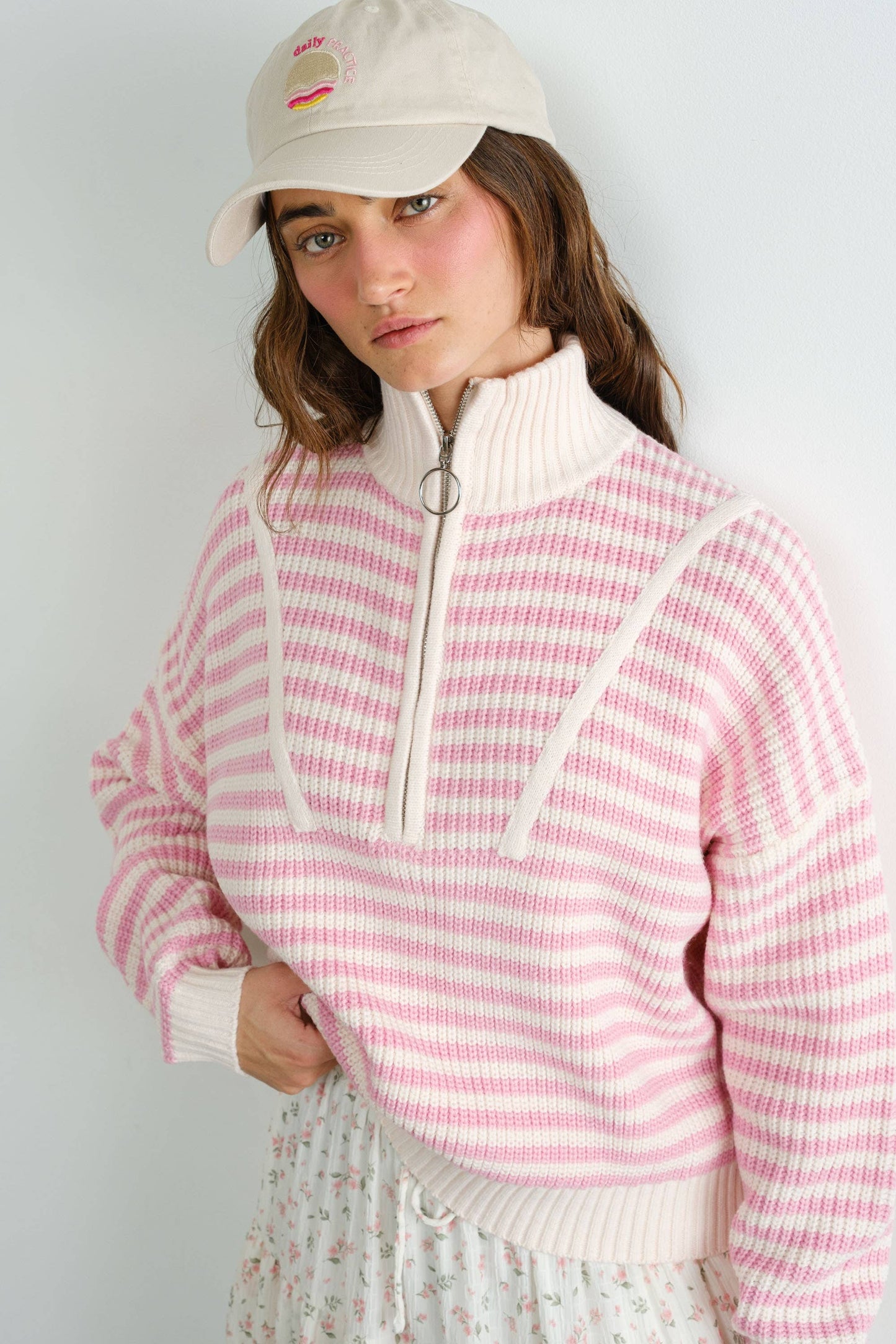 Preppy Californian Half-zip Striped Sweater-PINK