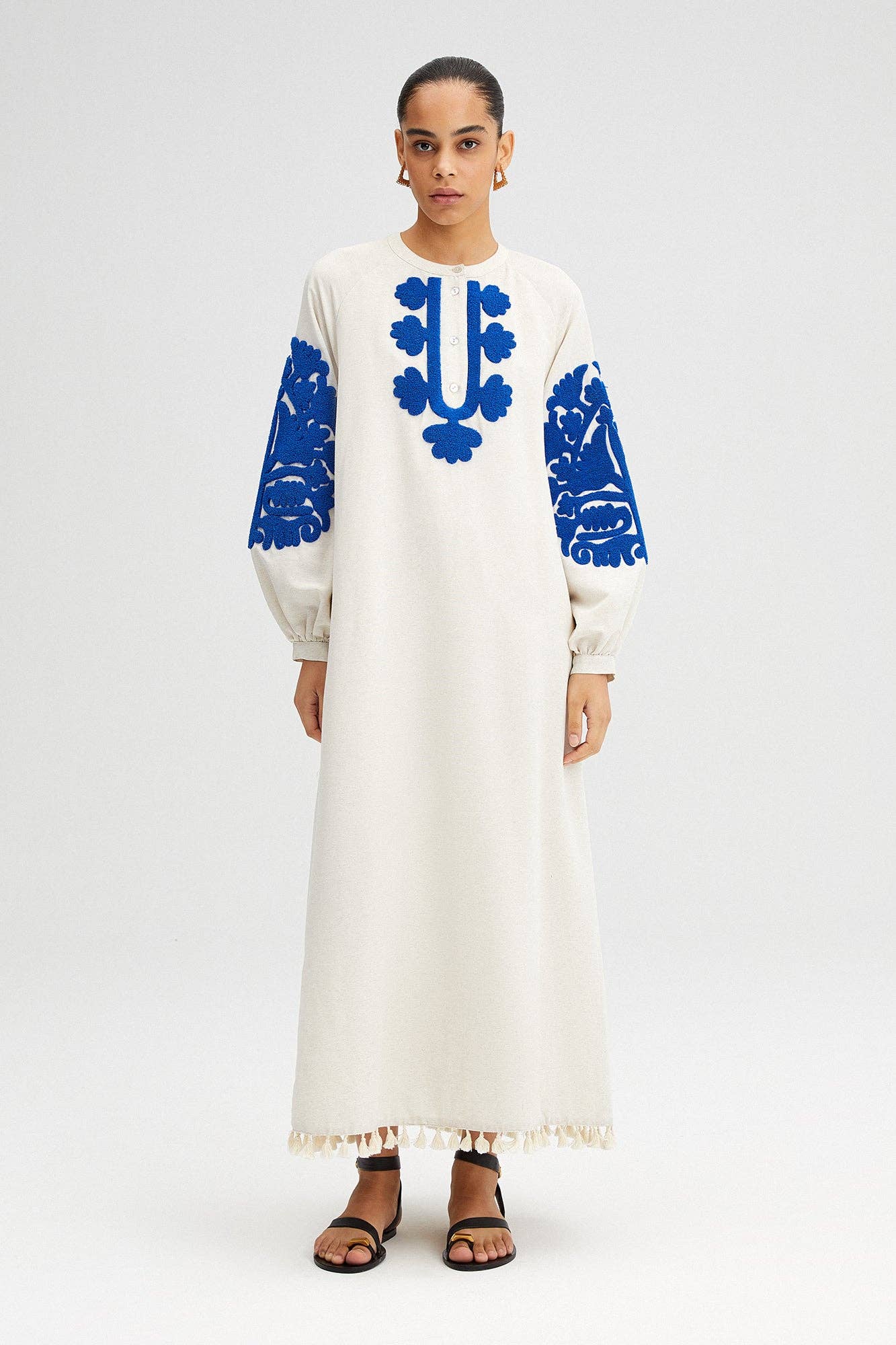 Blue Embroidered White Linen Maxi Dress with Tasselled Hem