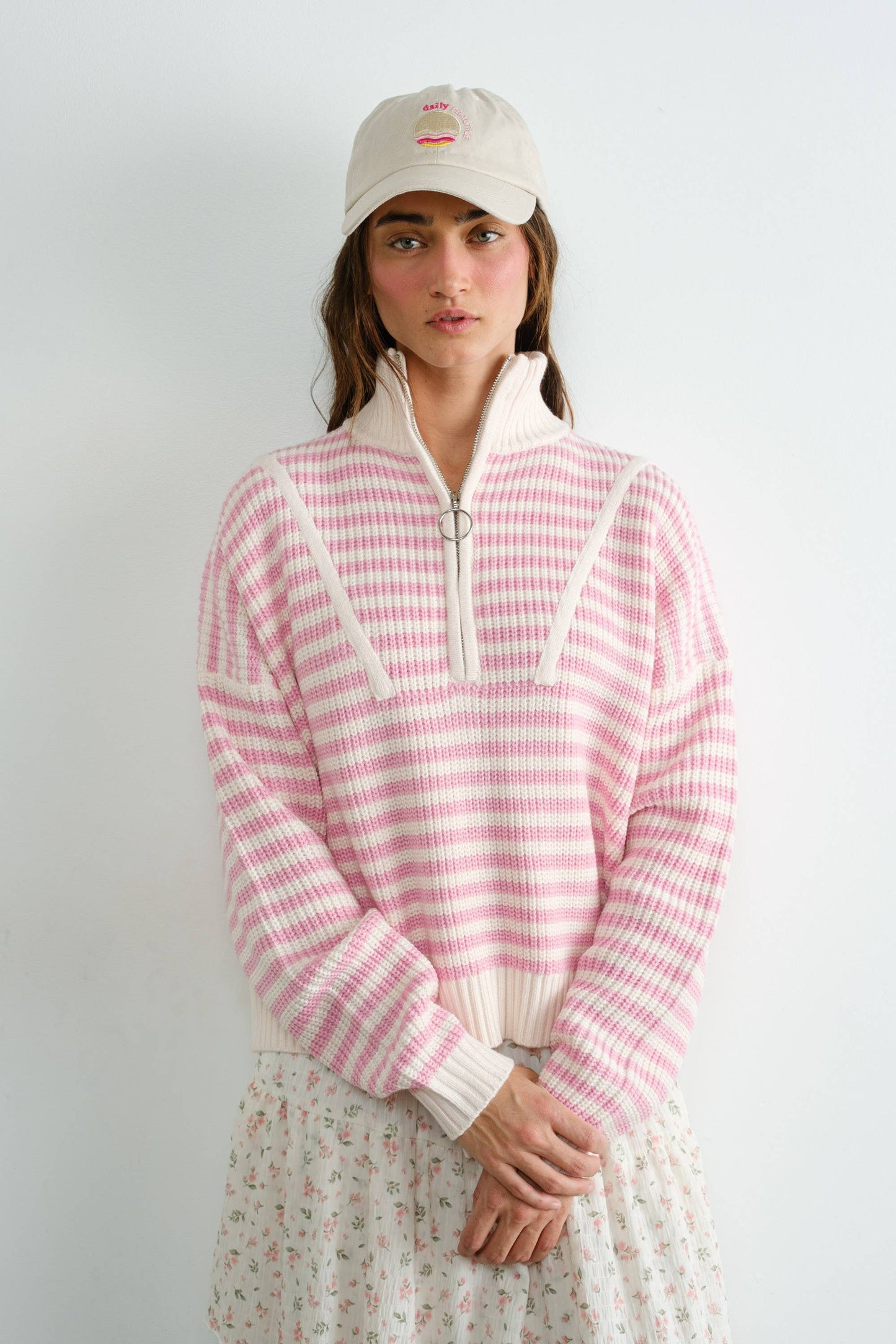 Preppy Californian Half-zip Striped Sweater-PINK