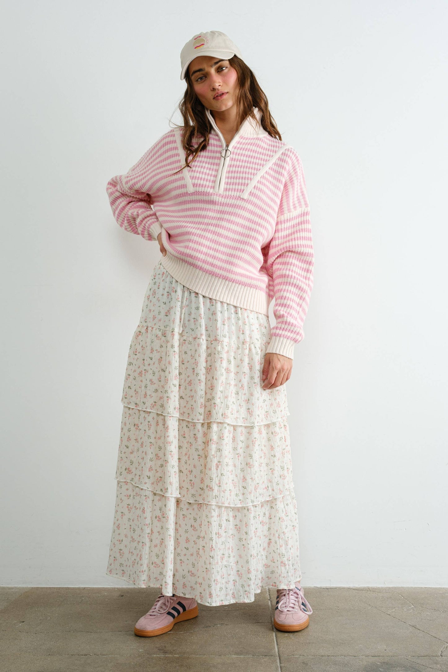 Preppy Californian Half-zip Striped Sweater-PINK
