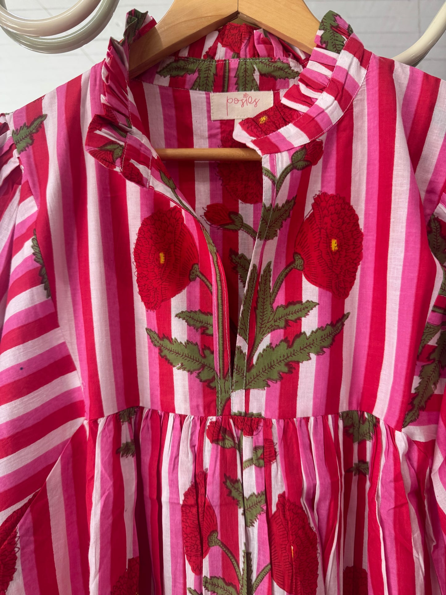 Posies block print dress - red pink stripe