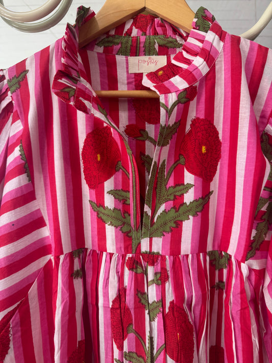 Posies block print dress - red pink stripe