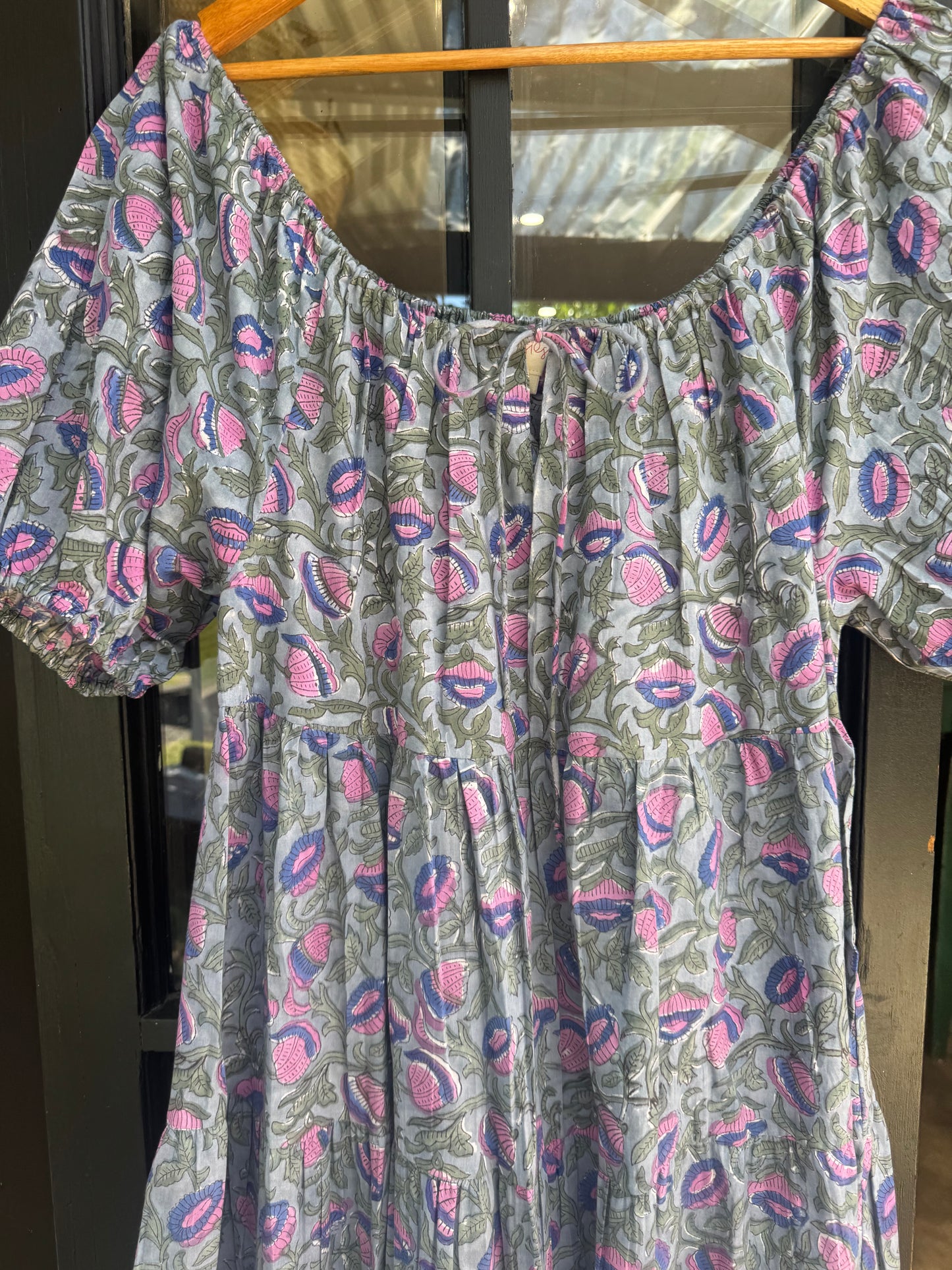 Posies block print dress - blue