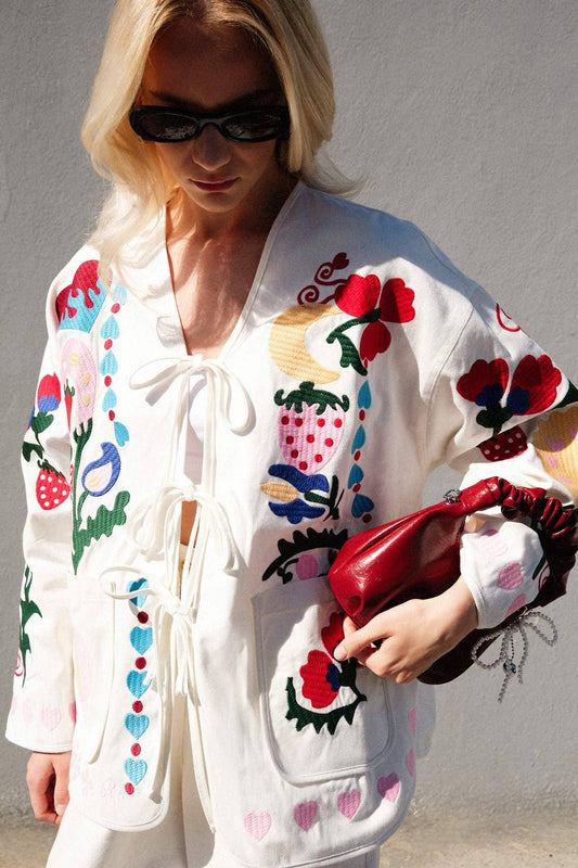 Whimsical Folk Embroidered Gabardine Jacket
