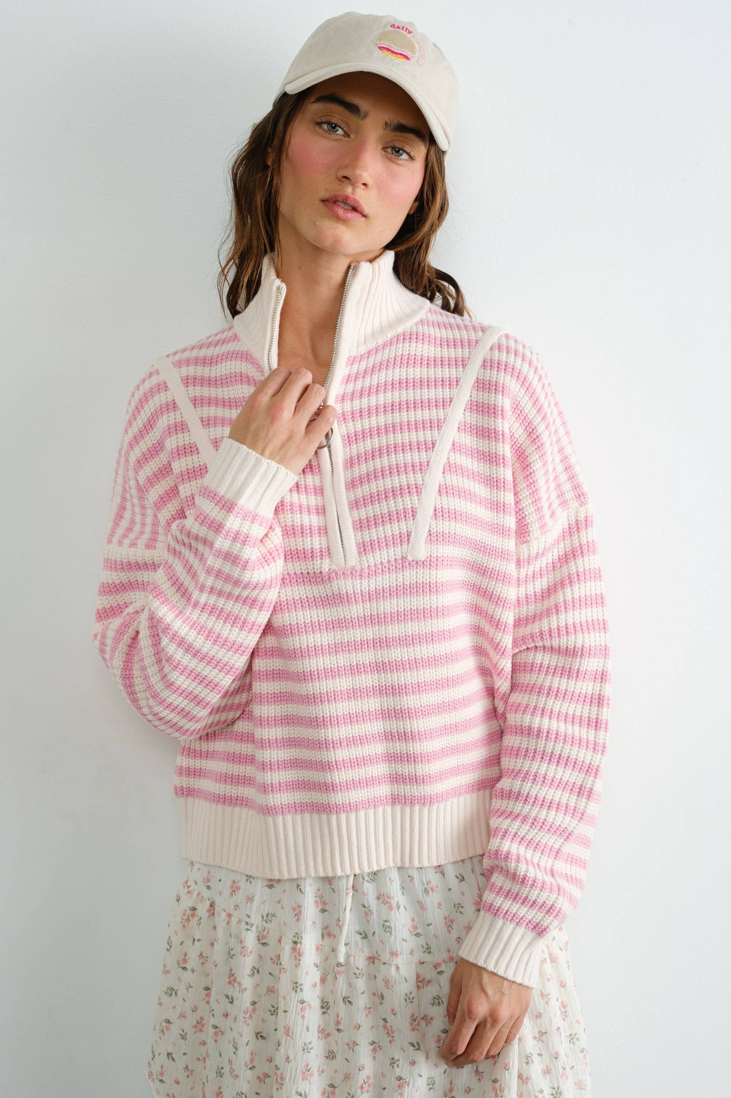 Preppy Californian Half-zip Striped Sweater-PINK
