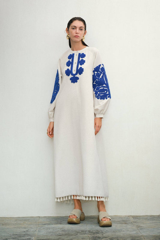 Blue Embroidered White Linen Maxi Dress with Tasselled Hem