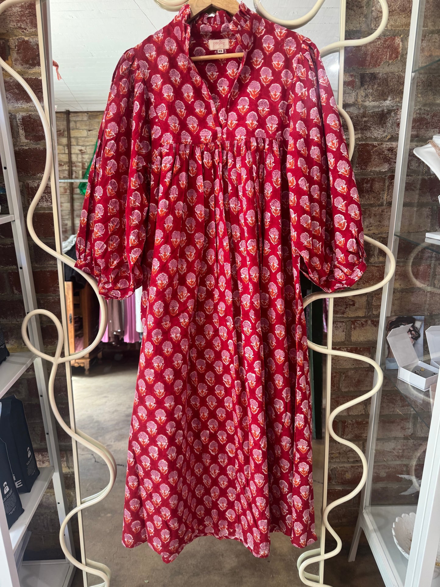 Posies block print dress - red