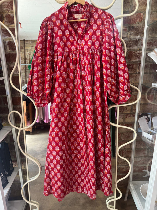Posies block print dress - red