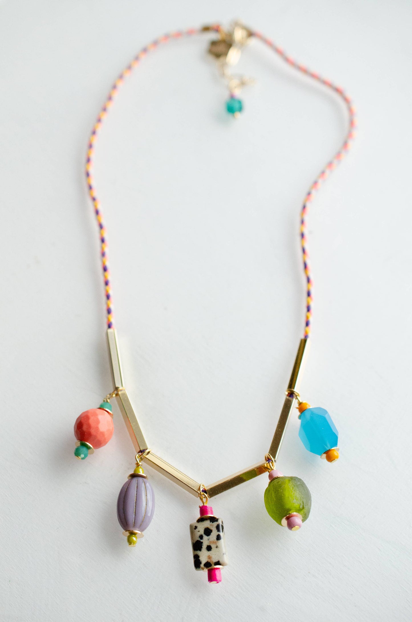 Colorful Gemstone Charm and Rope Necklace