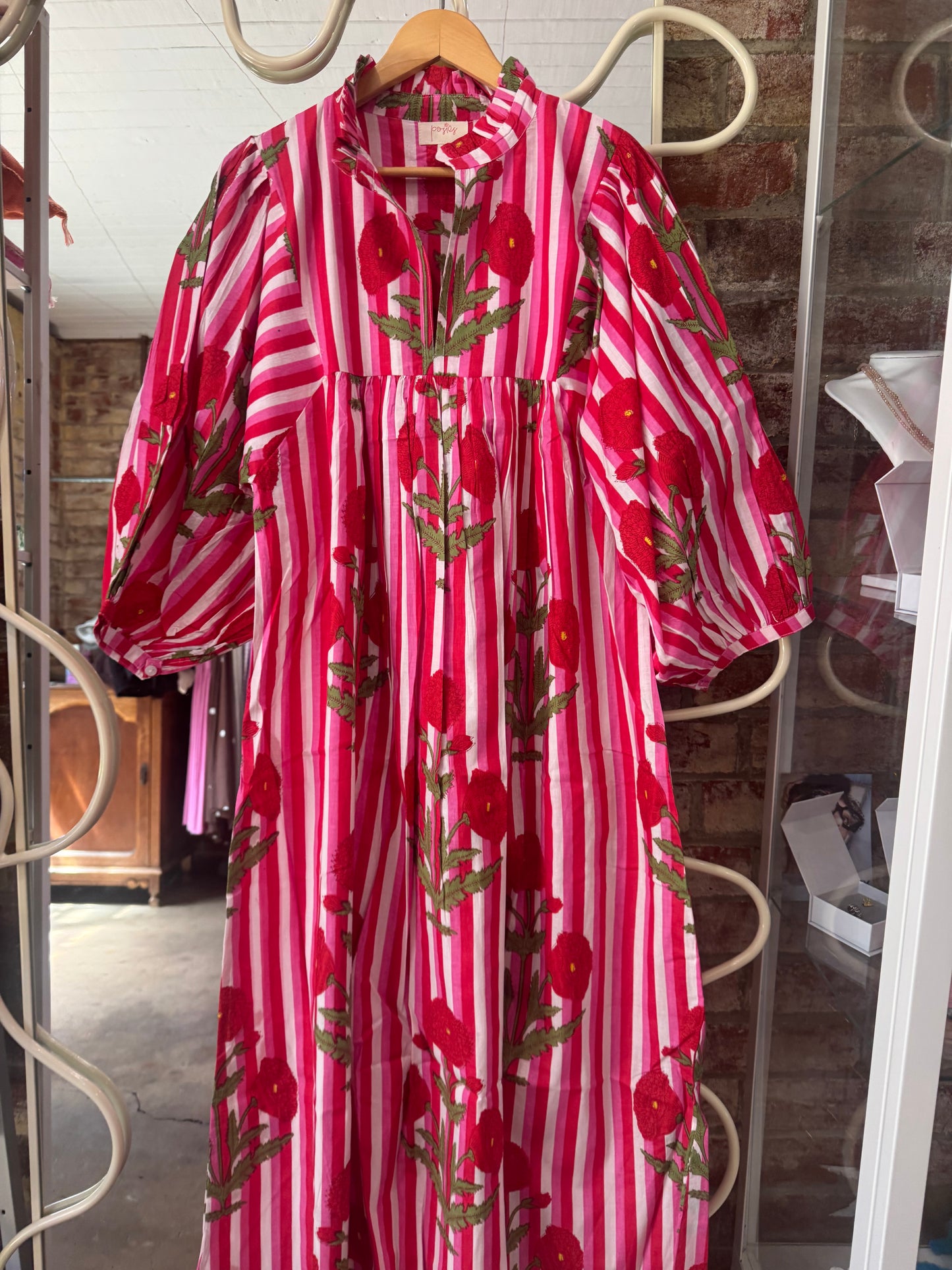 Posies block print dress - red pink stripe