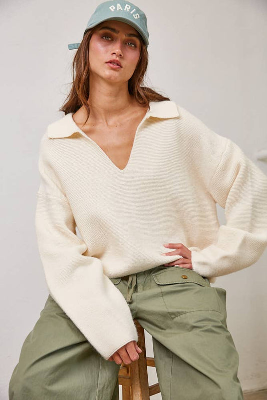 V Neck Polo Collared Pullover Sweater