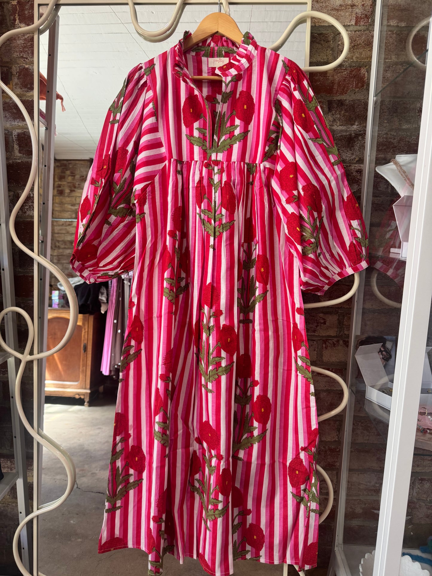 Posies block print dress - red pink stripe