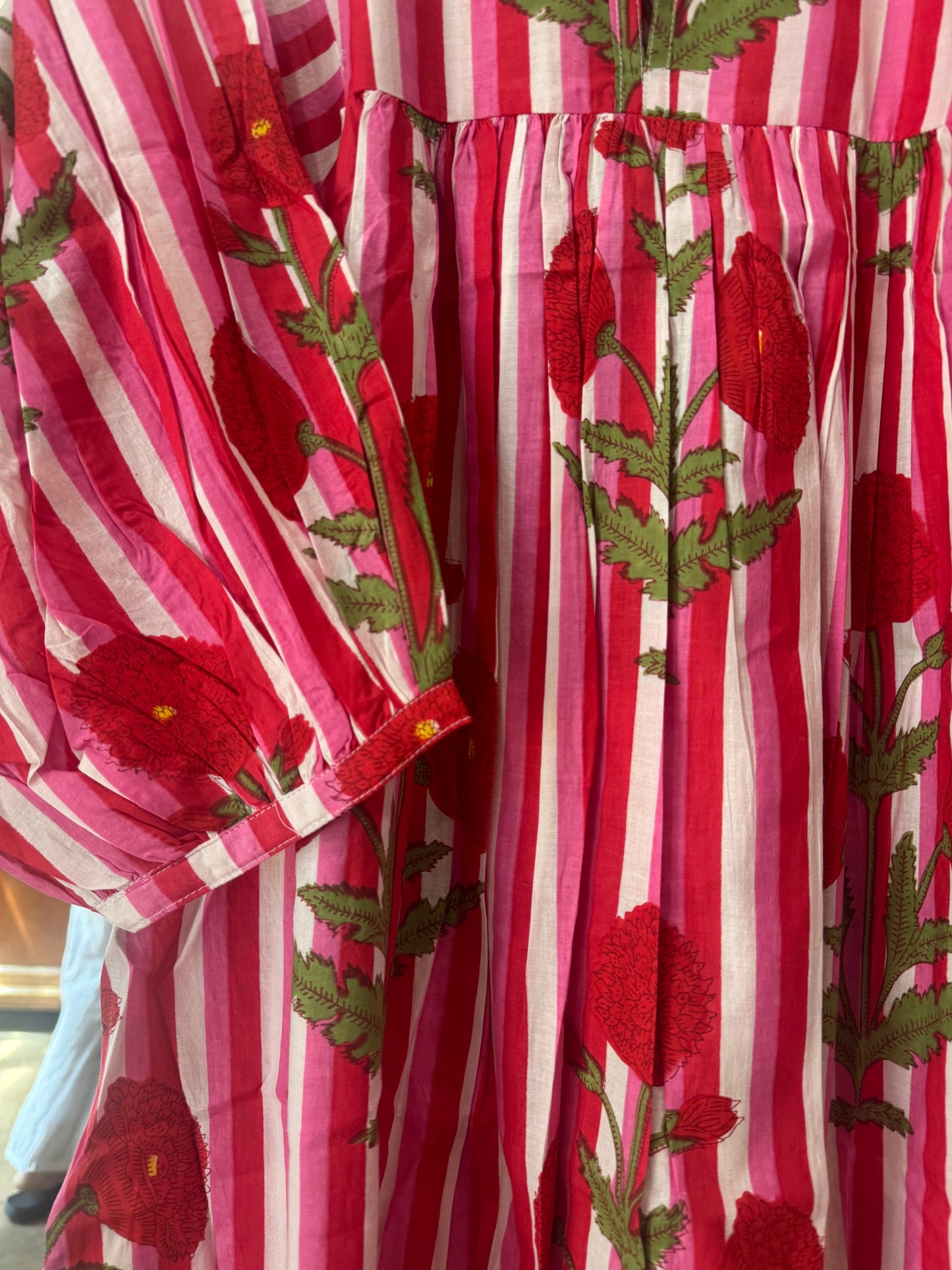 Posies block print dress - red pink stripe