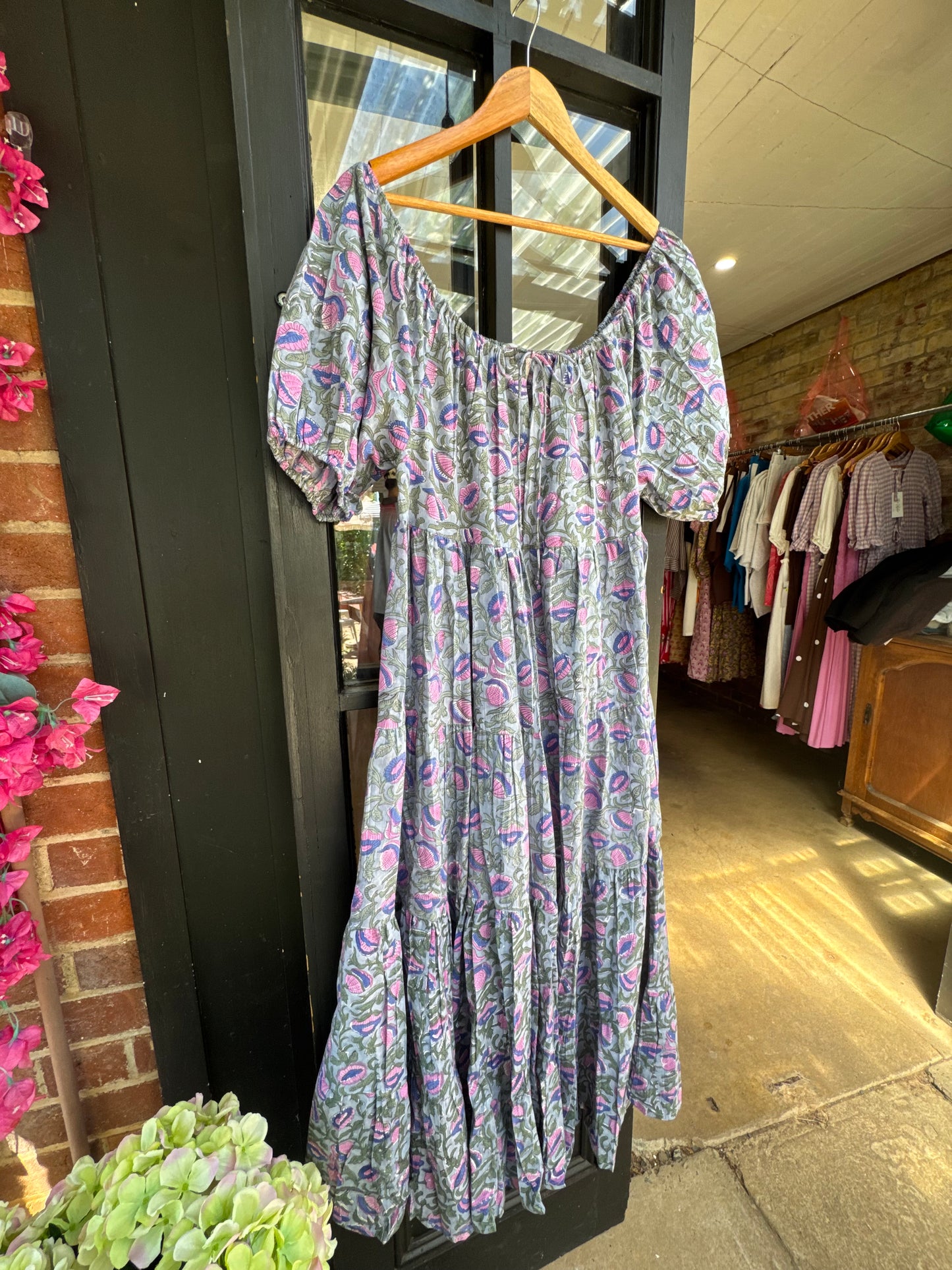 Posies block print dress - blue