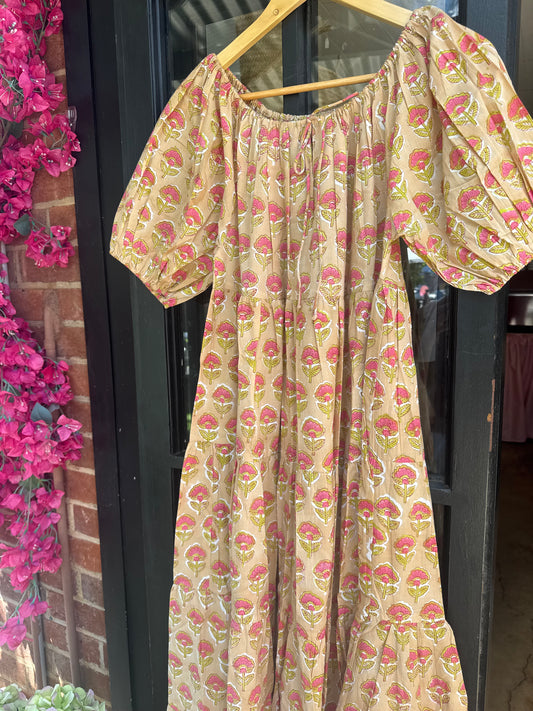 Posies block print dress - peach