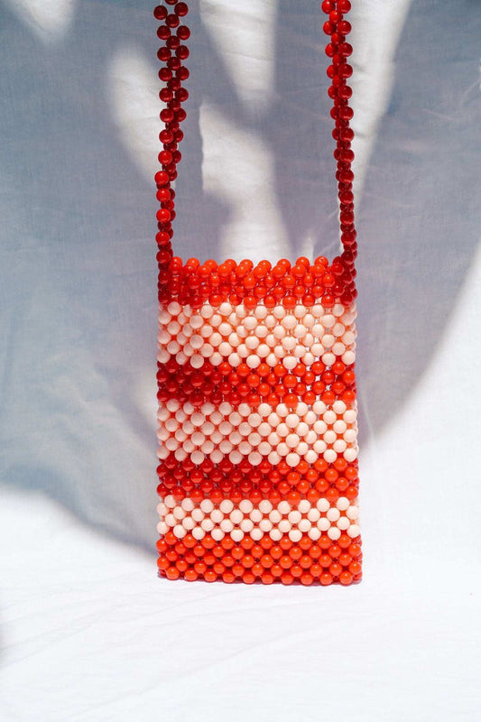 BEADED PHONE BAG - pink red stripe