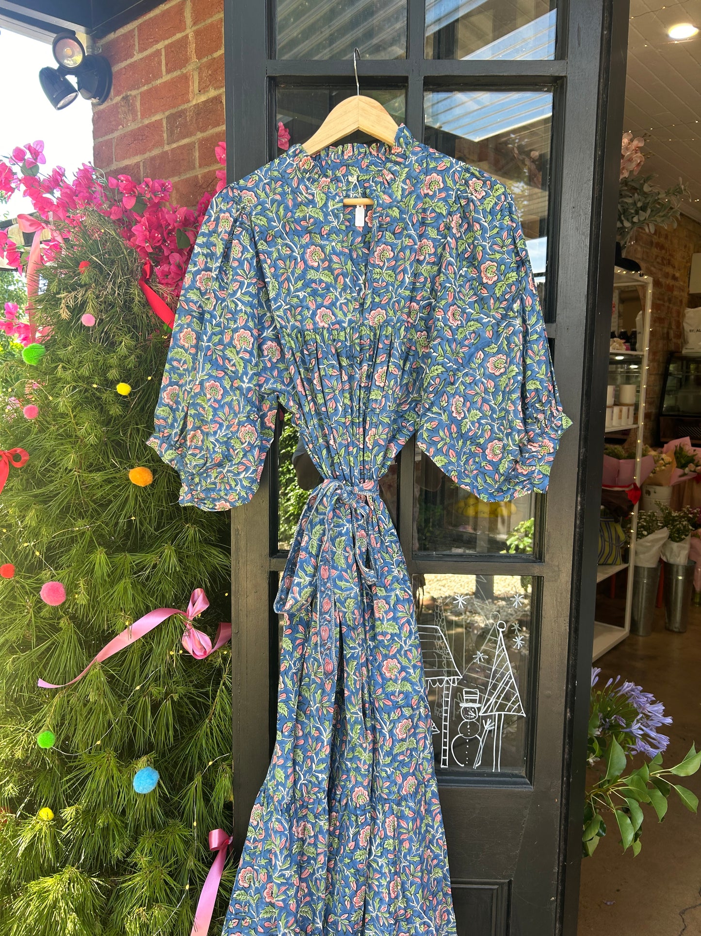 Handcrafted Indian Block Printed Cotton Dress - blue pink & green flowers