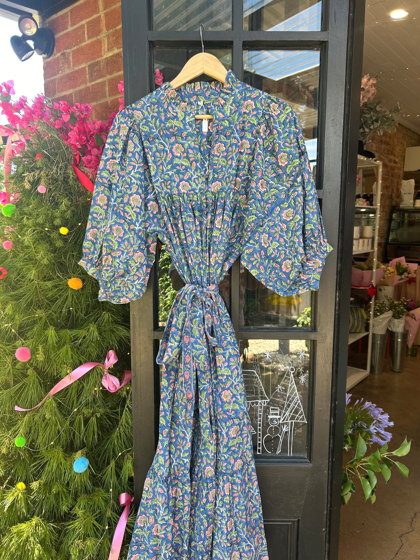 Handcrafted Indian Block Printed Cotton Dress - blue pink & green flowers