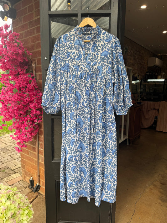 Handcrafted Indian Block Printed Cotton Dress - Blue