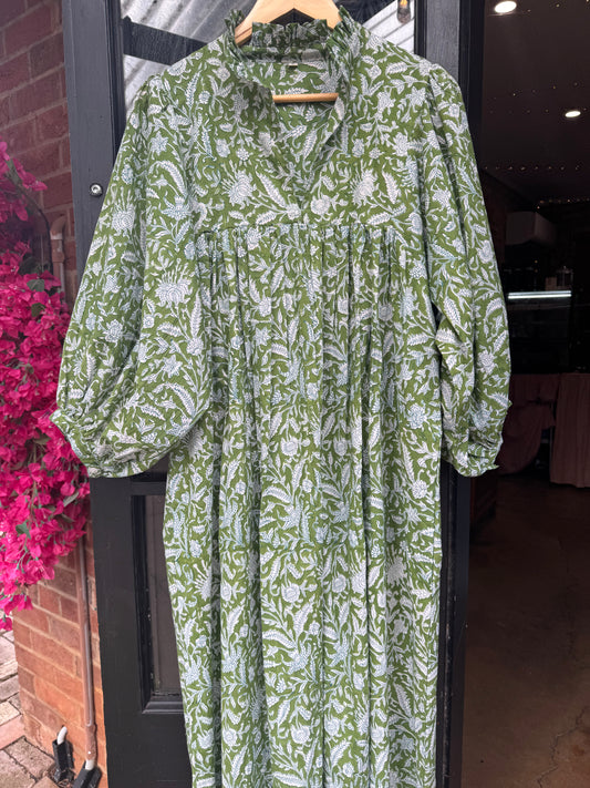 Handcrafted Indian Block Printed Cotton Dress - Green