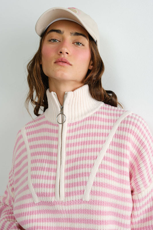 Preppy Californian Half-zip Striped Sweater-PINK