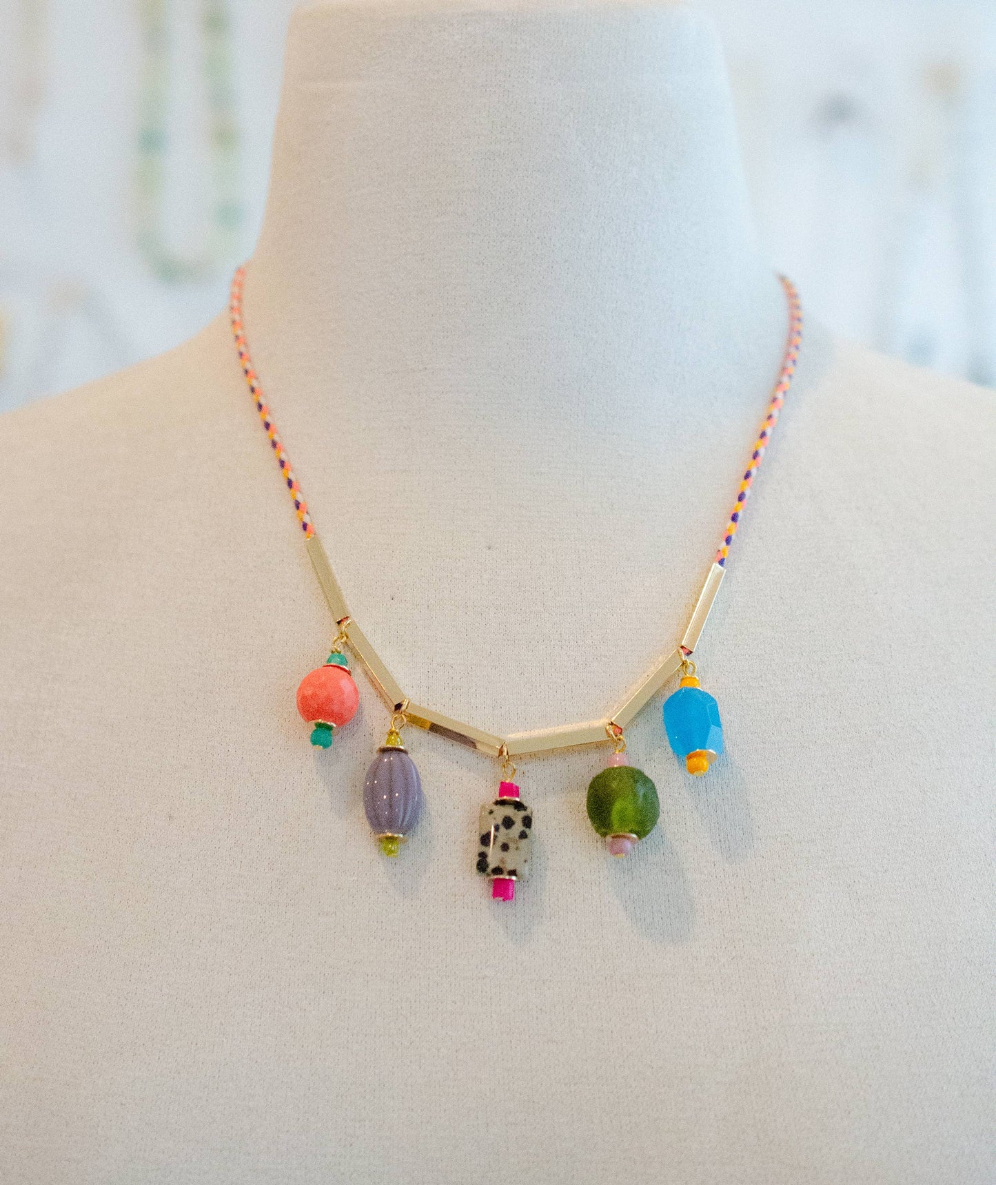 Colorful Gemstone Charm and Rope Necklace