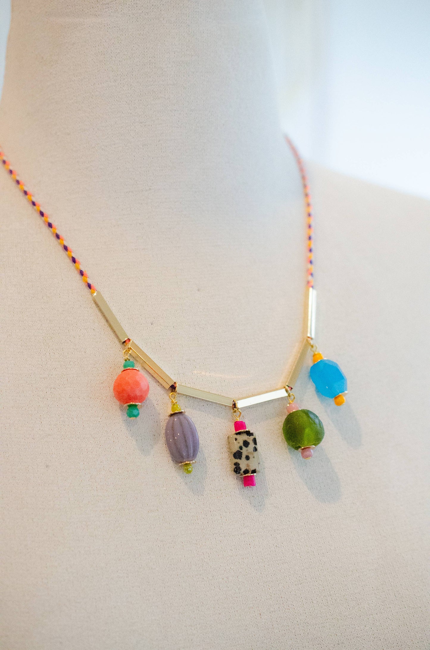 Colorful Gemstone Charm and Rope Necklace